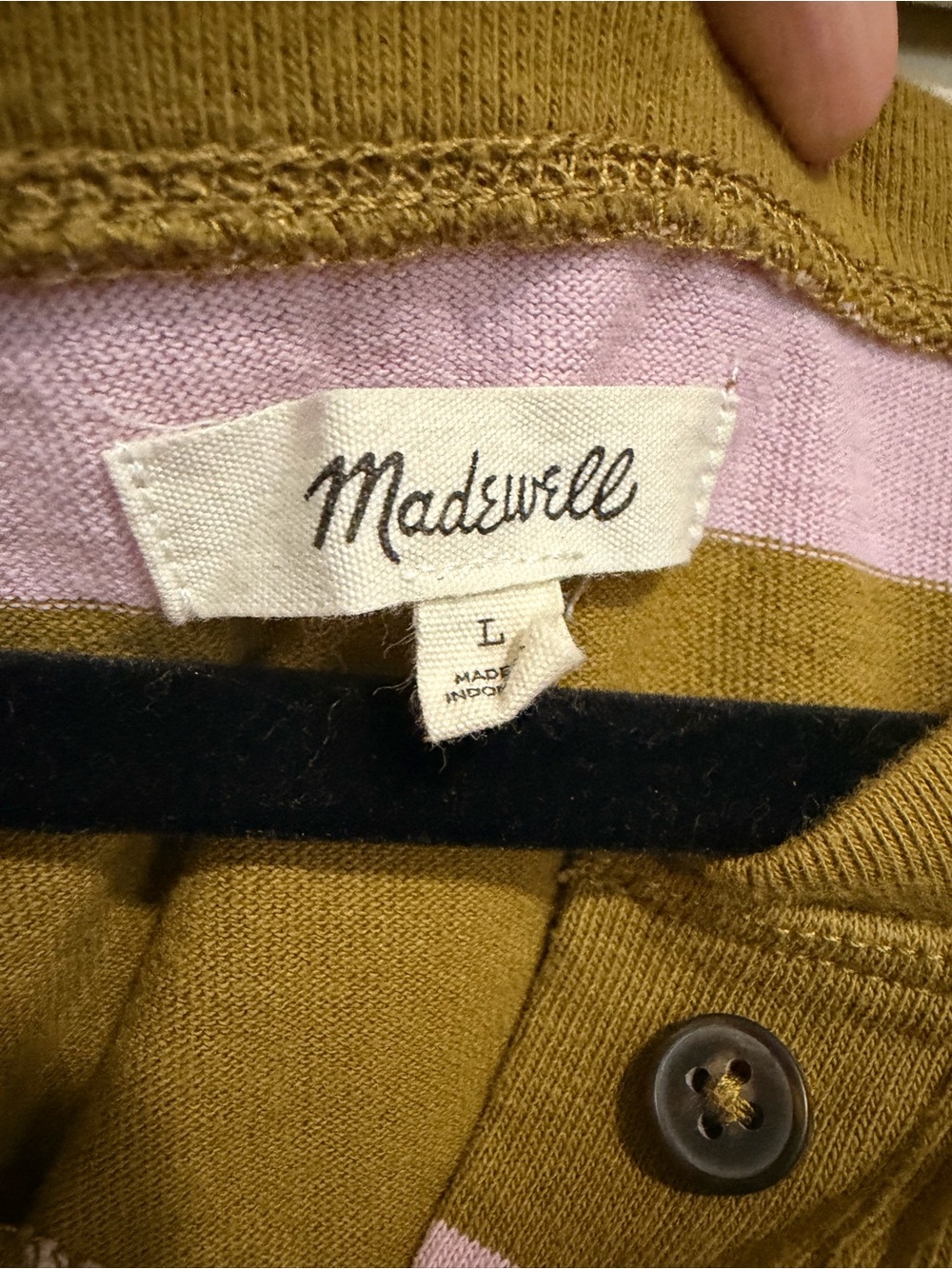 Madewell Olive Green and Light Pink Striped Short Sleeve Henley Tee - Picture 2 of 3